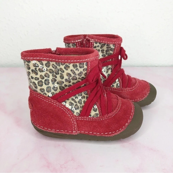 Stride Rite boots Holly leopard print and red suede side zip size 3 infant - Picture 2 of 13
